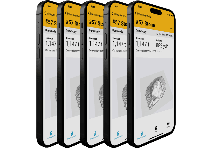 5 iPhones showing SR Measure app