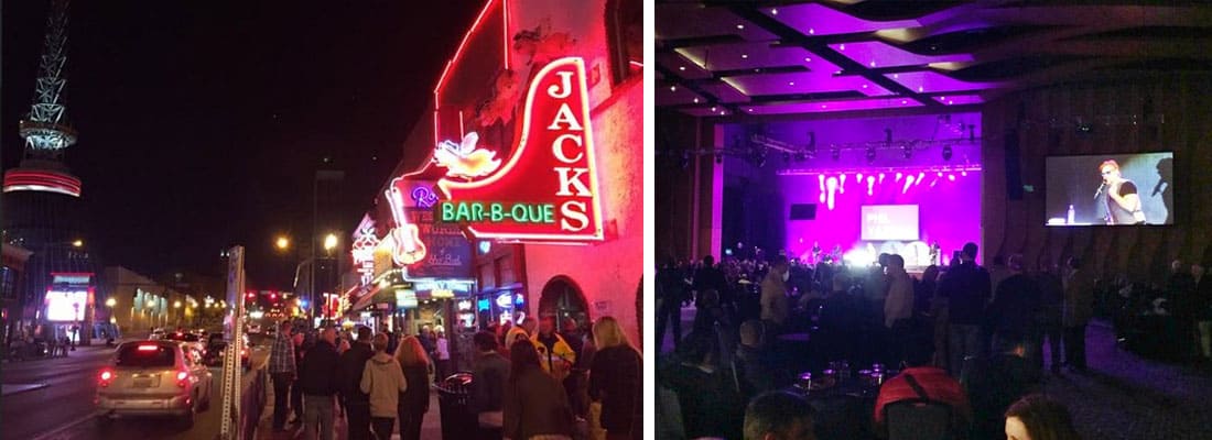 Busy nightlife activity with live music in Nashville. Phil Vassar headlined the NSSGA opening celebration, sponsored by Aggregates Manager.