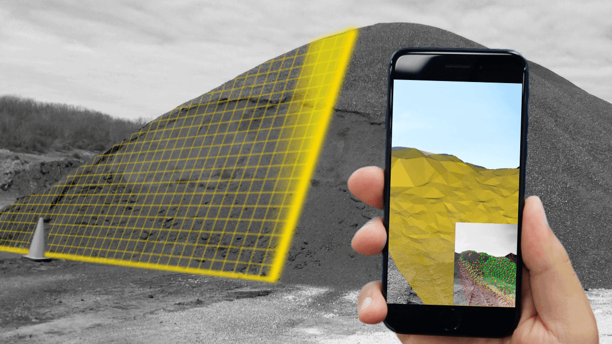 iPhone scanning a stockpile with gridded lines on it.