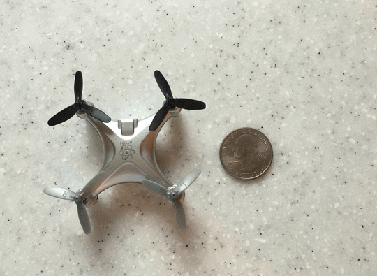 Recreational drones arrived in many sizes, from large to small, this Christmas. This is a micro drone quadcopter.