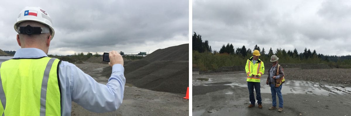 Left: Measuring a stockpile using an iPhone. Right: David shows a client his new iPhone 6s and an older model.