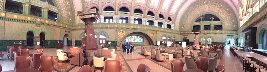 A panoramic view of the hotel’s historic interior.