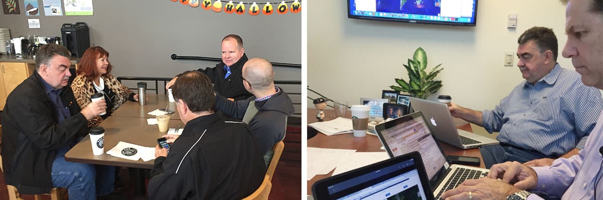 Left: Coffee, donuts and discussions off-site. | Right: Maury and Richard on a client call.